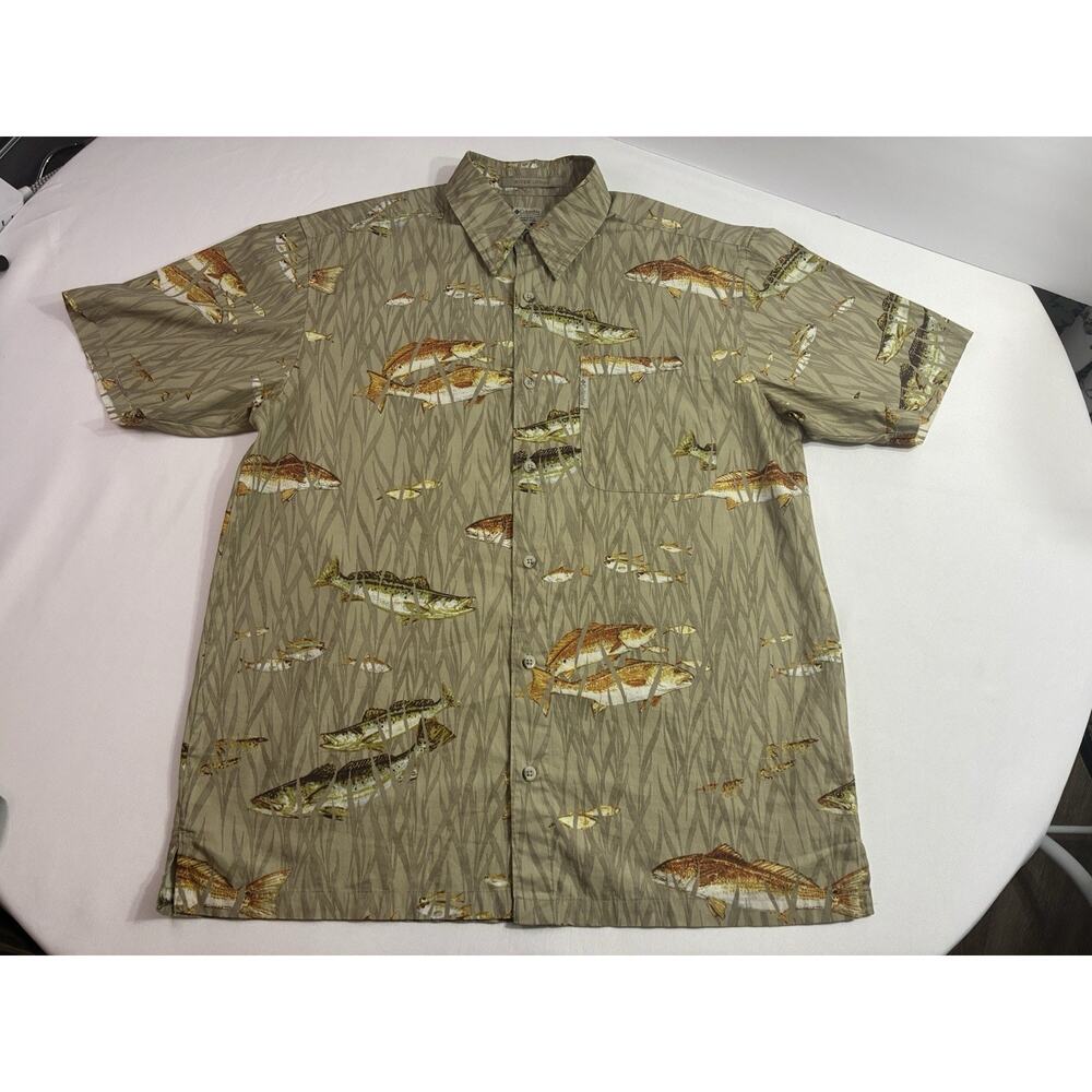 Columbia River Lodge Shirt M Fish Print Short Sleeve Button Up Outdoors